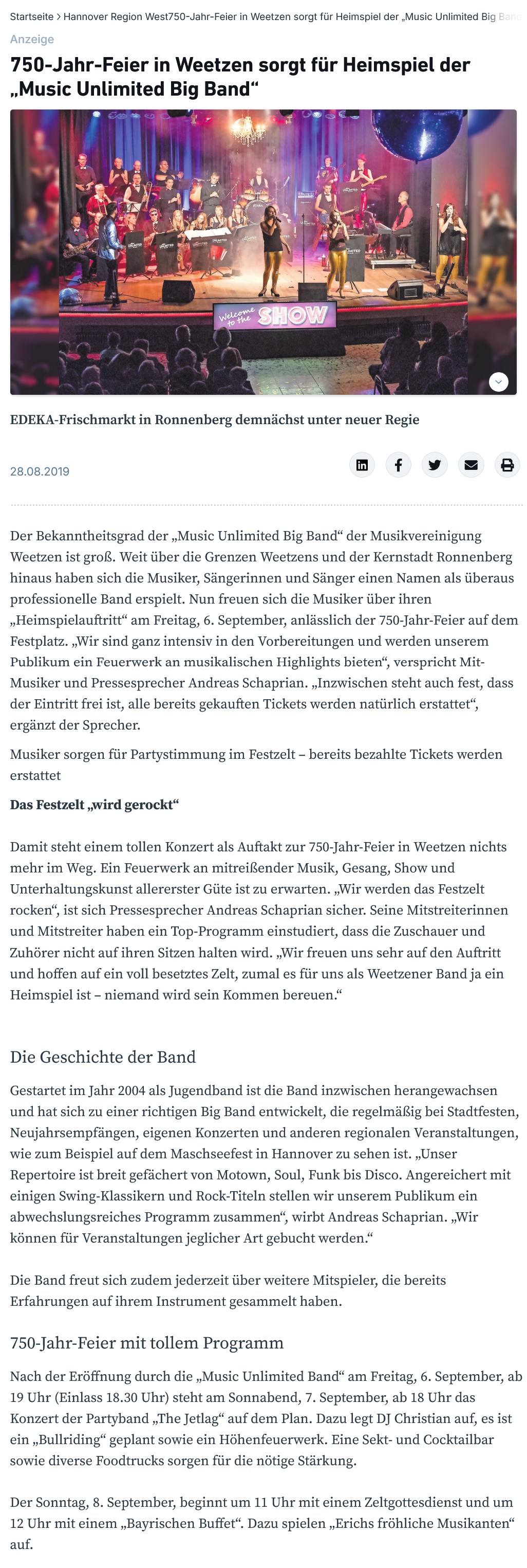 750-Jahr-Feier in Weetzen sorgt für Heimspiel der „Music Unlimited Big Band“