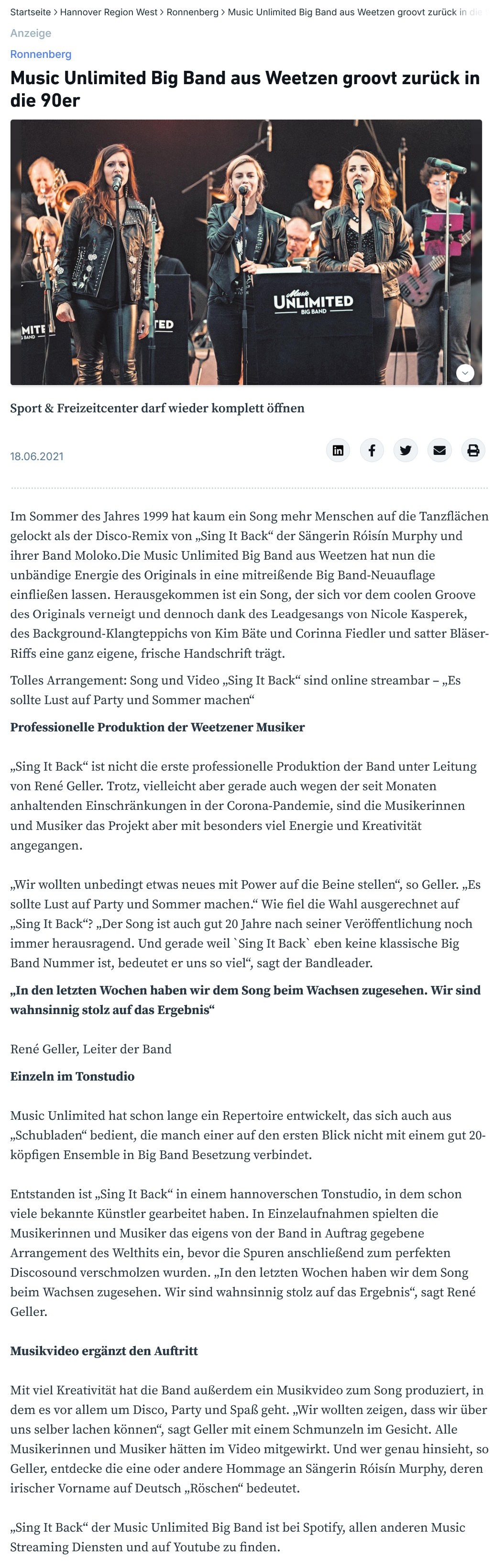 Music Unlimited Big Band aus Weetzen groovt zurück in die 90er 